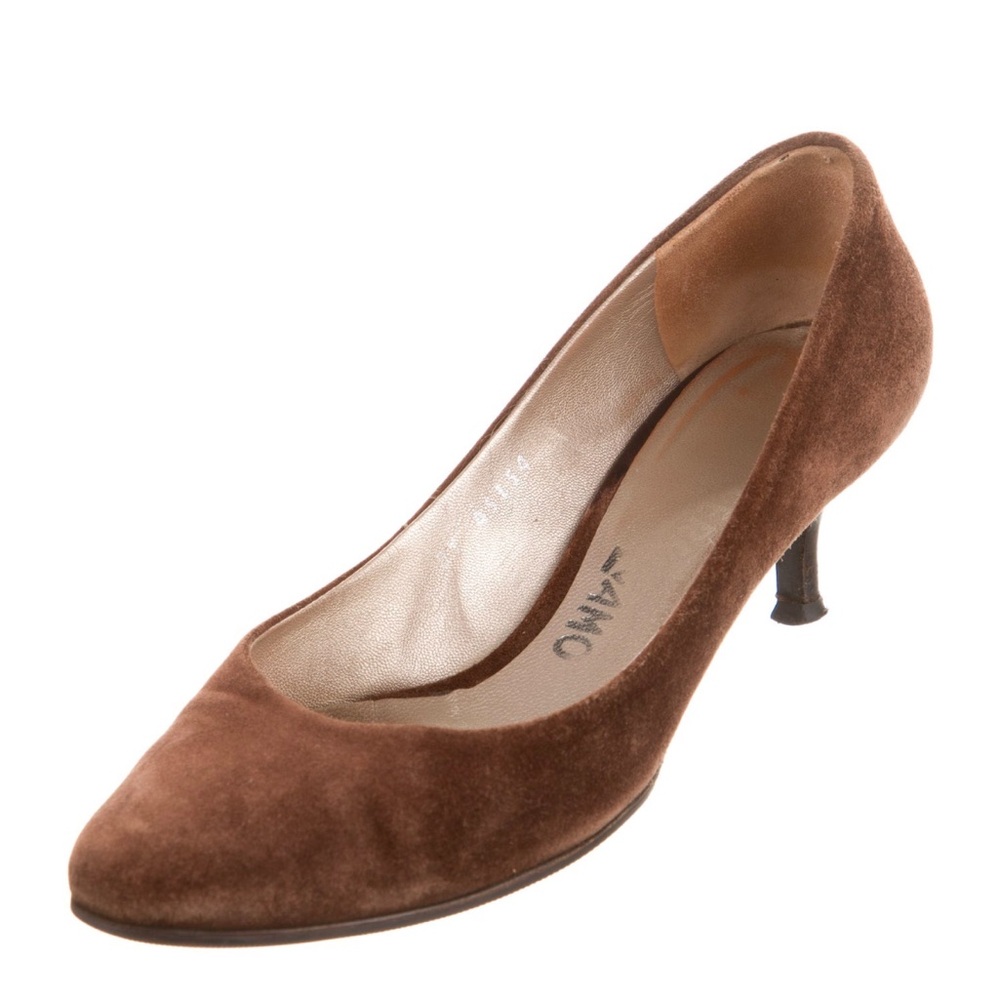 Salvatore Ferragamo Brown Suede Slip On Round Toe Kitten Heel Pumps